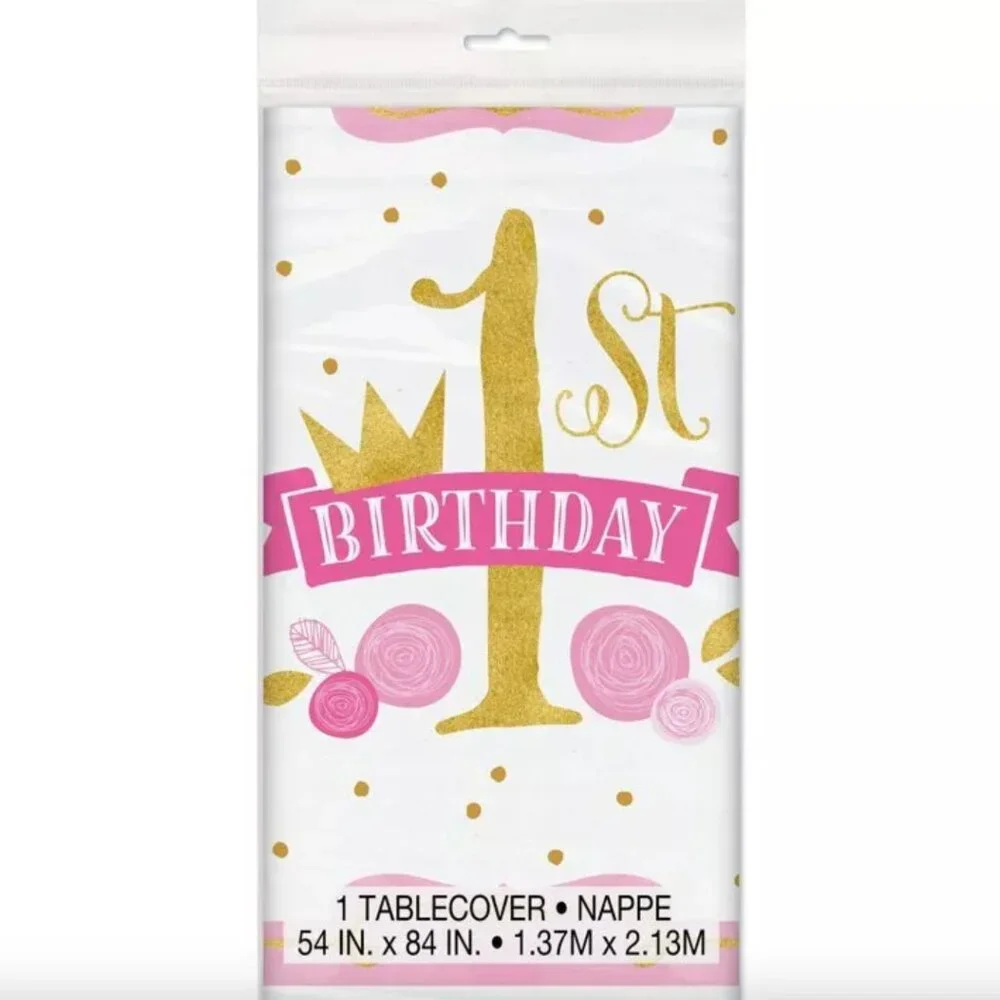 1st Birthday Pink and Gold Girls Table Cover Party Supplies 54 in x 84 in